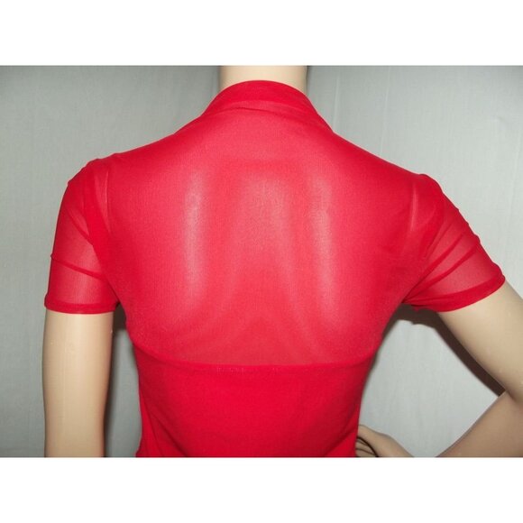 Reoria Bodysuit Womens Large Medium Red high mock neck Short Sleeve sheer ruched - Picture 9 of 13